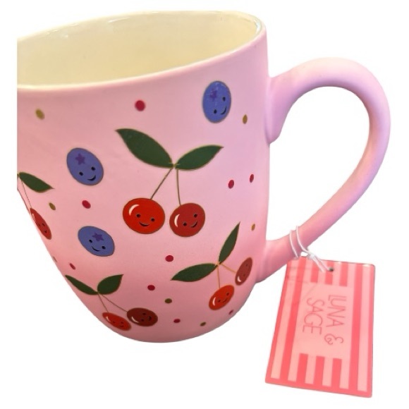 Luna & Sage Pink Smiling Cherry and Blueberry Mug NEW 3.25"H x 4.25"W x 5.25"D - Picture 2 of 5